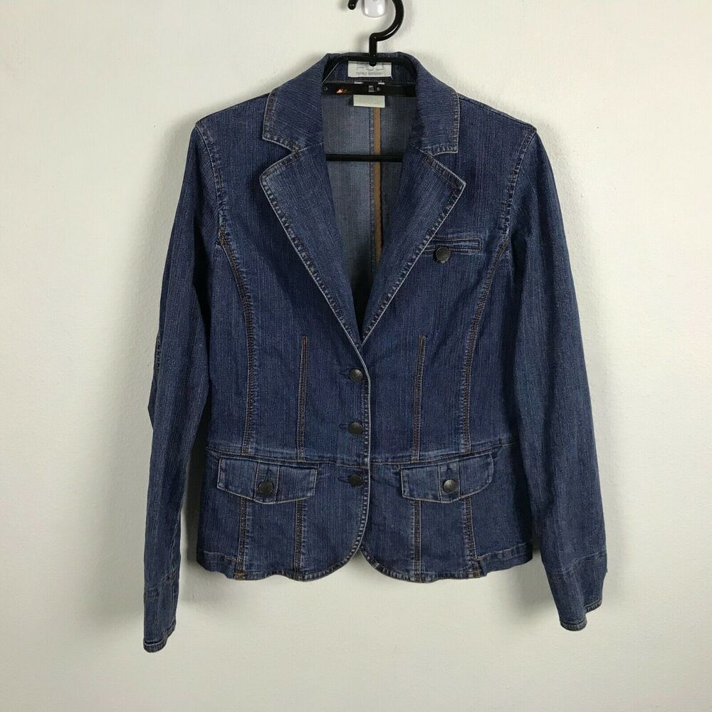 FDJ French Dressing Denim Jacket Size 2 Long Sleeve Button Up Pockets Pinstripe